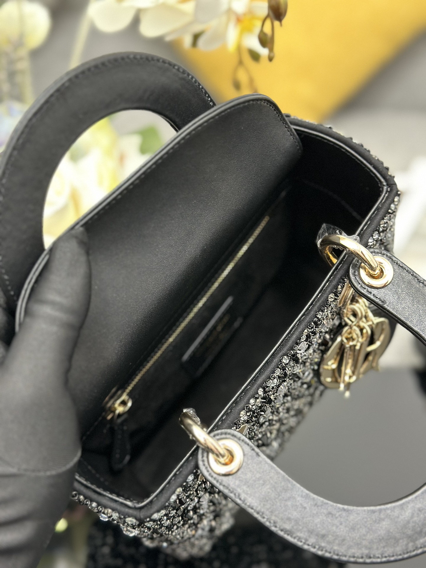 Small Lady Dior Bag Black Satin Embroidered with Bead Diamond